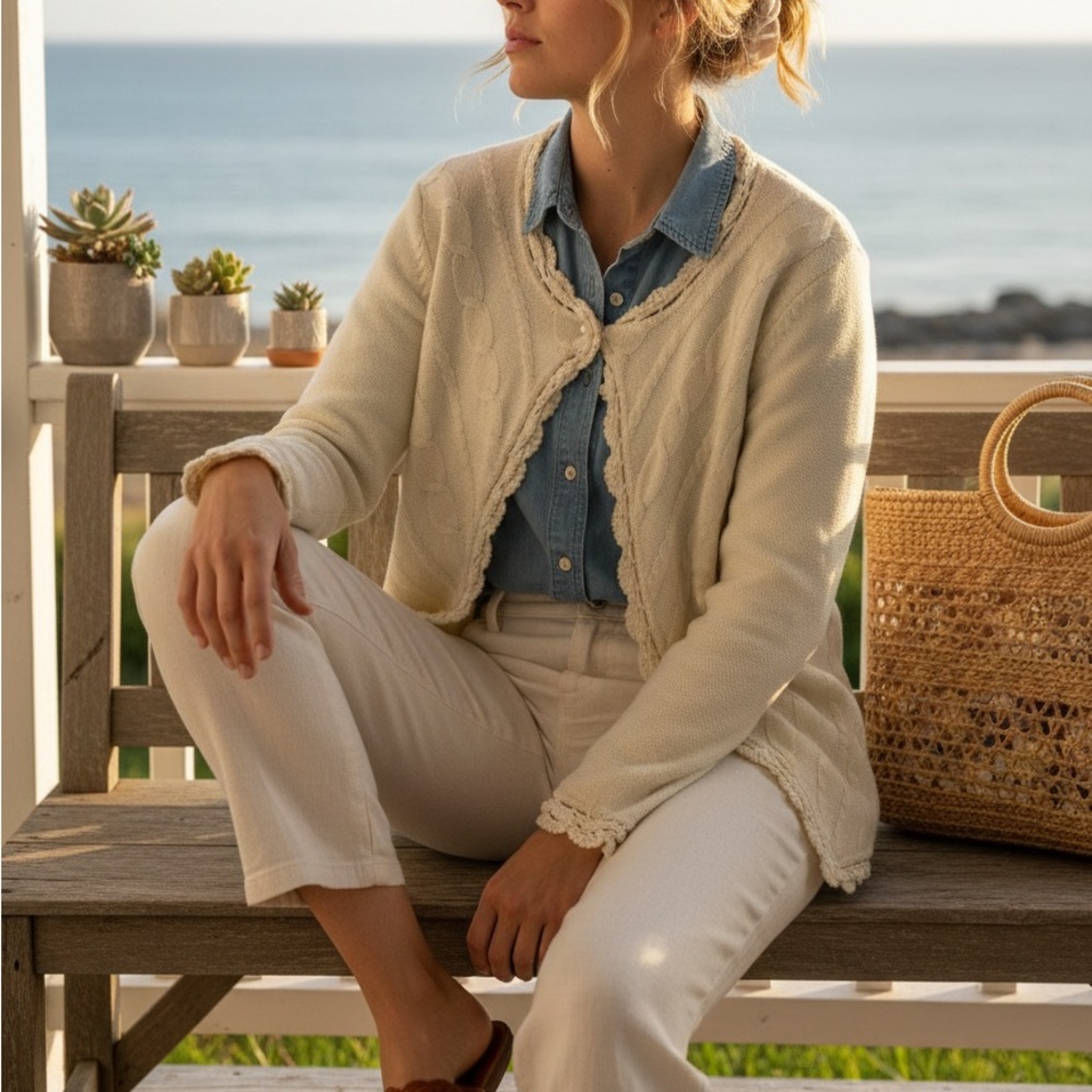 Coldwater Creek Beaded Crochet Trim Cardigan Pearl Button Cable Knit Ivory L - Picture 12 of 12